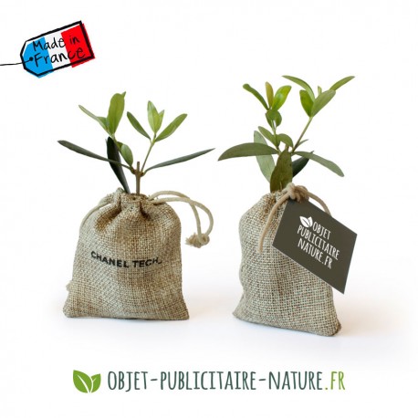 Olivier publicitaire en pochon toile de jute avec personnalisation.