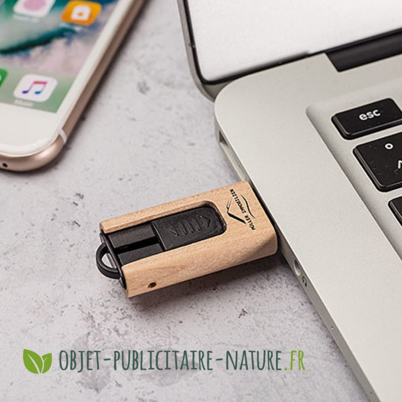 Clé USB rotative personnalisable en bois avec porte-clé. Tarif clé USB