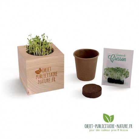 Kit de plantation publicitaire personnalisable en cube bois